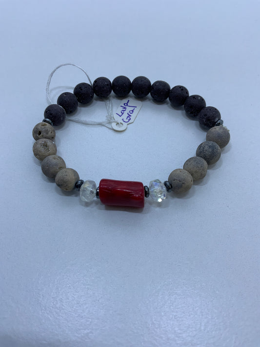 Agata Cristalizada con coral, piedra  volcánica, hematita y cristales