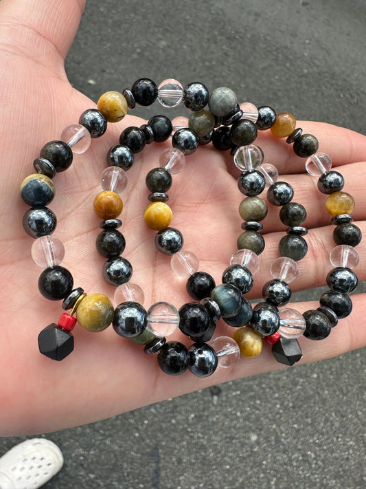 Pulsera hematita, ojo tigre, obsidiana y clear Quartz