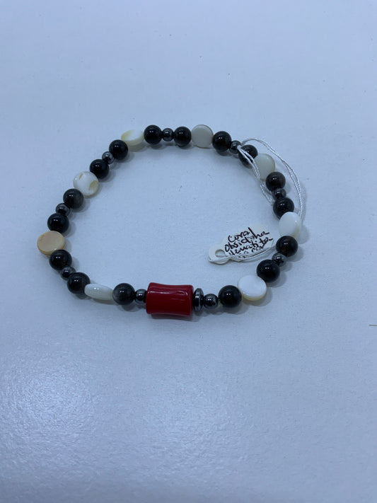 Pulsera Coral Rojo, obsidiana, hematita, madre perla