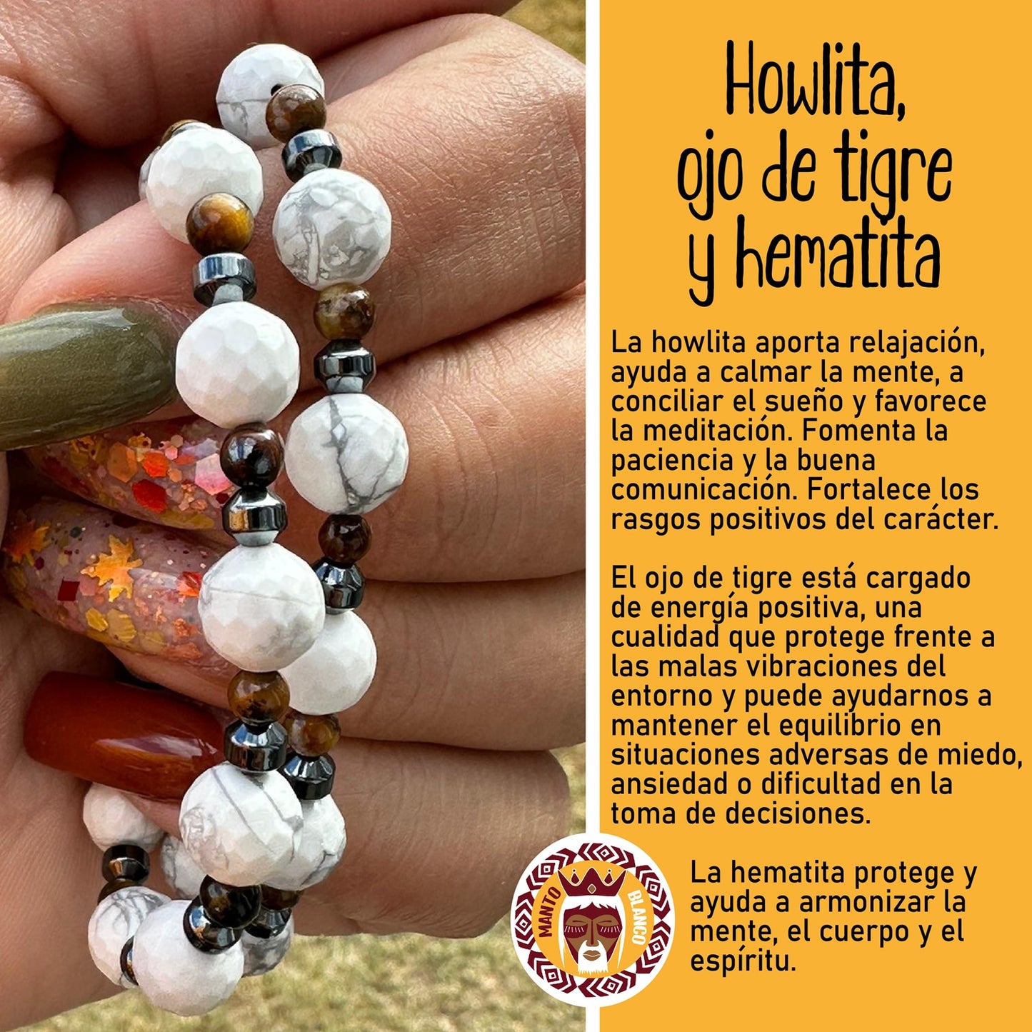 Howlite, ojo de tigre y hematita