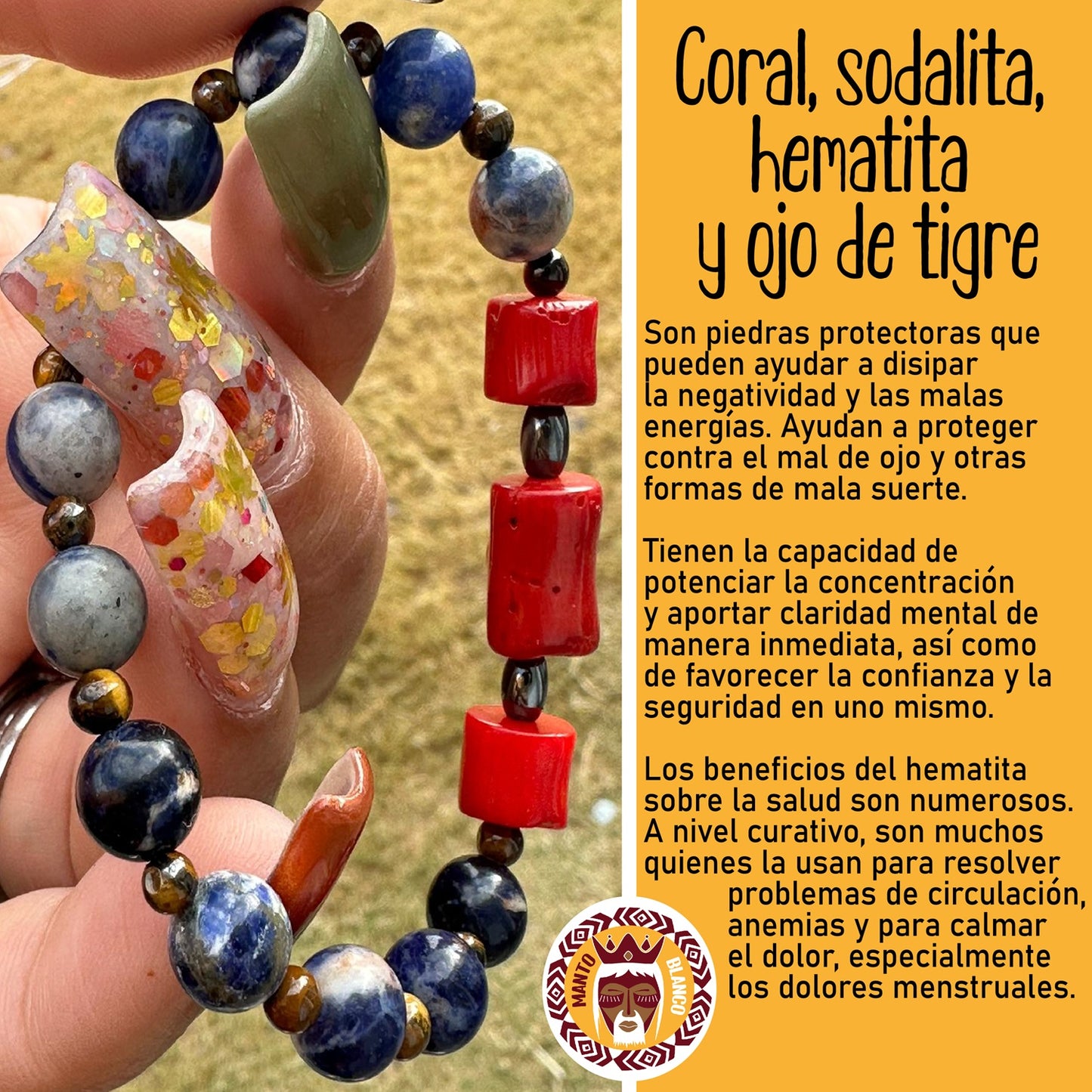 Coral, sodalita, hematita y ojo de tigre