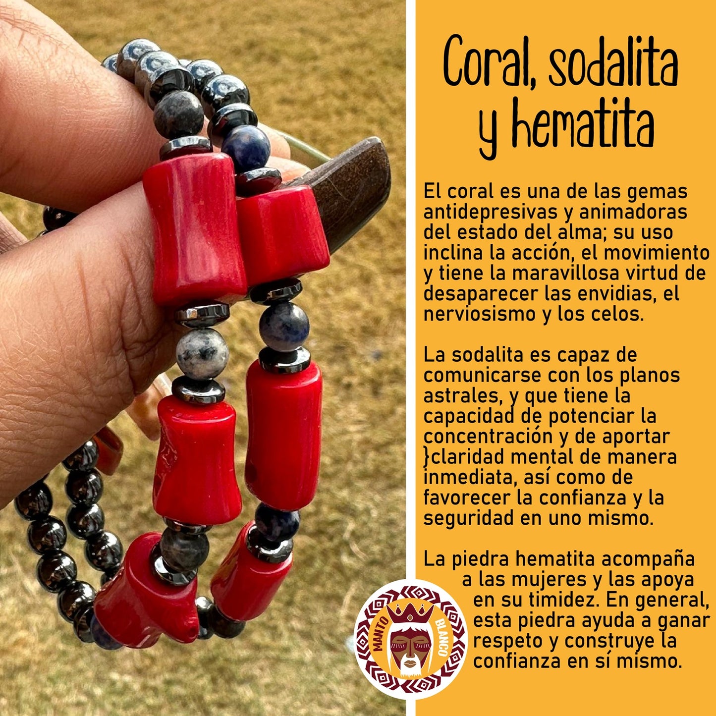 Coral, sodalita y hematita